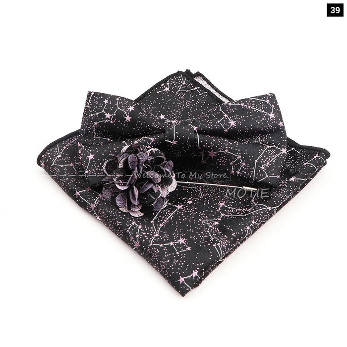 Blue Floral Pocket Square Set Bowtie Cufflink Brooch For Weddings