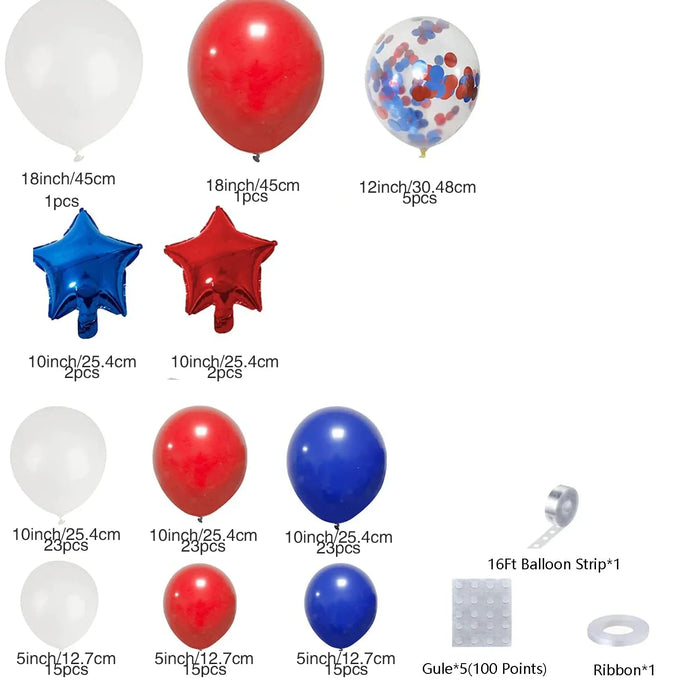 132Pcs Red Blue & White Balloon Kit With Red & Blue Star Foil Balloons For Birthday Parties Independence Day Party Supplies