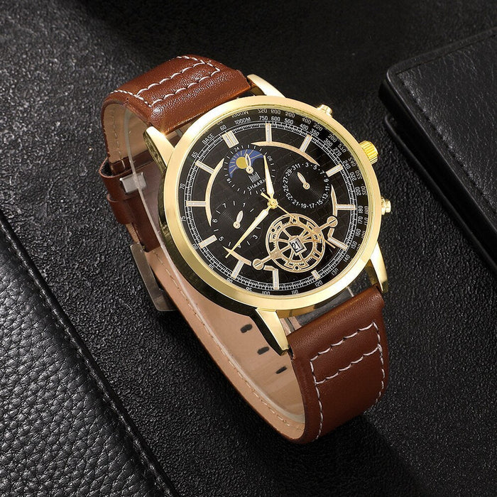 4PCS Set Men Watch Luxury Bracelet Set Fashion Business Brown Leather Quartz Wrist Watches for Men Set