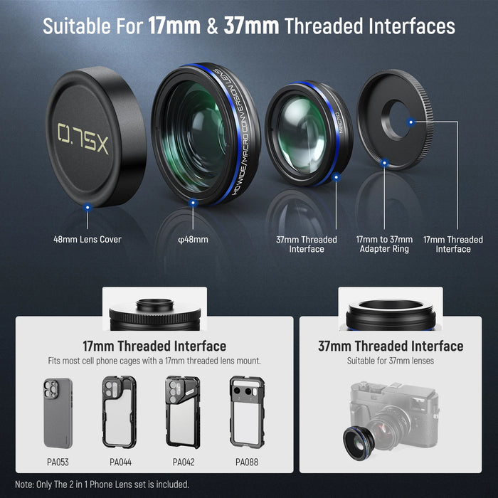 2 In 1 Smartphone Lens Kit 0.75X Wide Angle & 2X Macro For Iphone Samsung Android