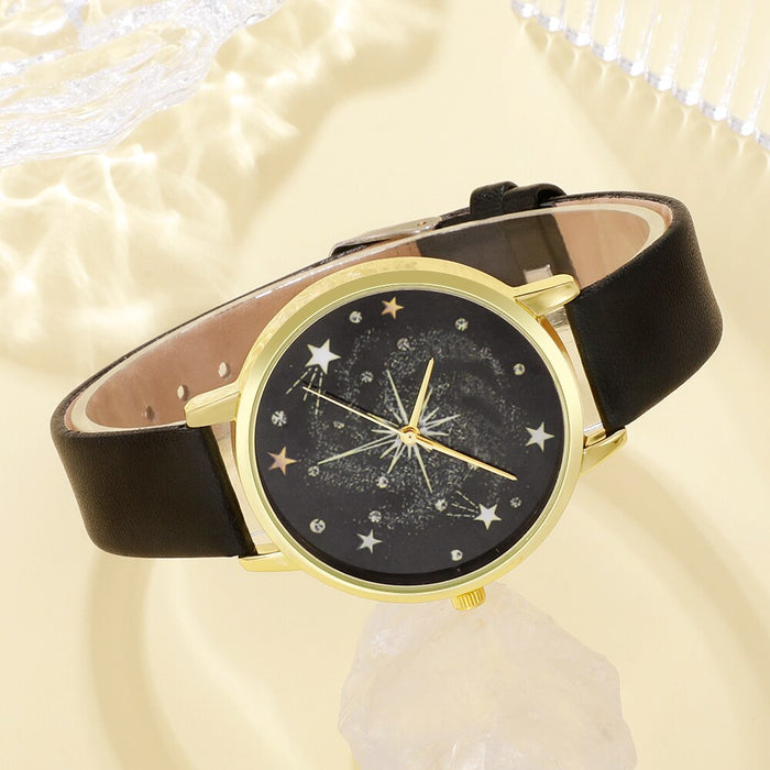 5Pcs Set Women Fashion Watch Casual Leather Belt Watches Ladies Starry Sky Dial Quartz Wristwatches Dress Clock