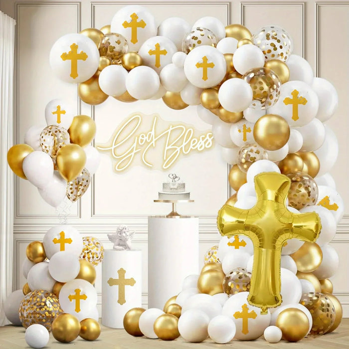 133Pcs First Communion Balloon Garland Arch Set Gold Cross Aluminum Film Balloon For Communion Background Baptismal Decoration