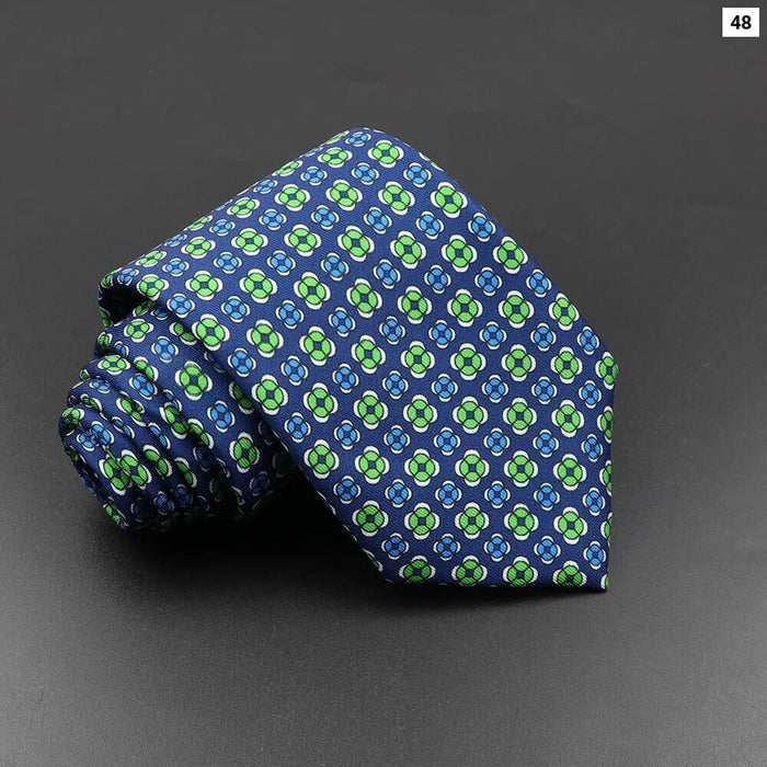 Silk Tie For Men 7.5Cm Soft Novelty Necktie In Blue Green And Orange Dot And Floral Design For Weddings And Business Gift Idea