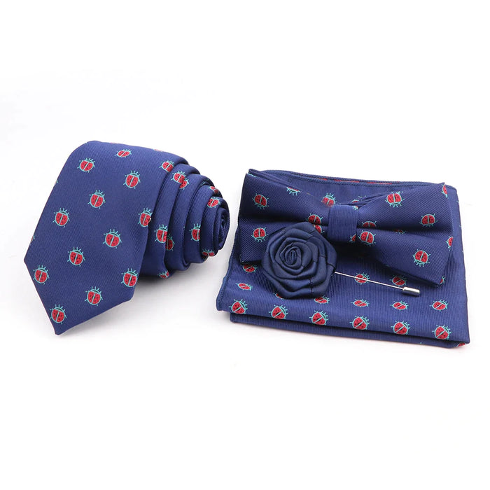 Cartoon Insect Tie Set Blue Bowtie Handkerchief Necktie For Men Business Party Casual Wear Gift