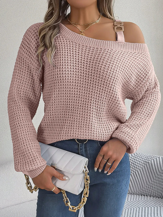 Off Shoulder Metal Buckle Sweater For Women