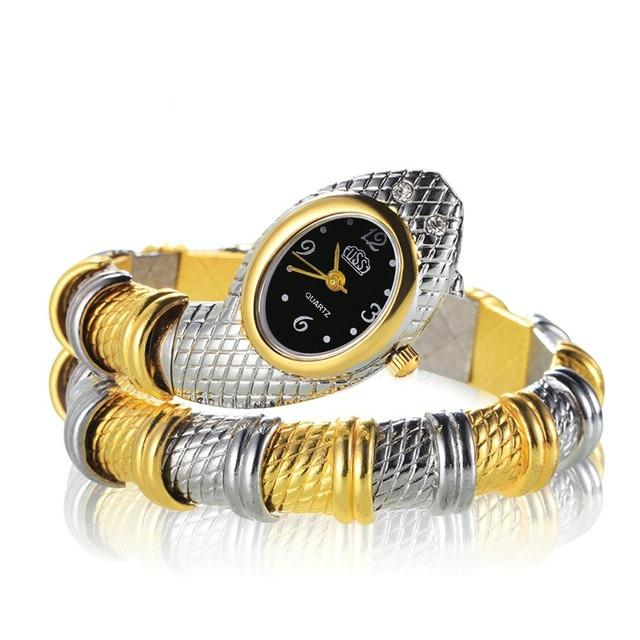 Snake Shape Bracelet Diamonds-Plated Quartz Watch