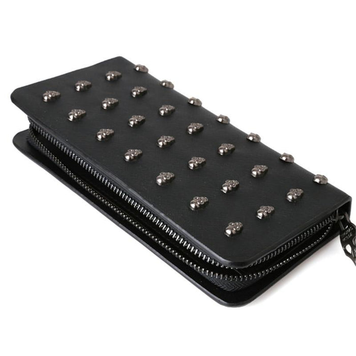 Leather Wristlet Handbag with Metal Skull Design