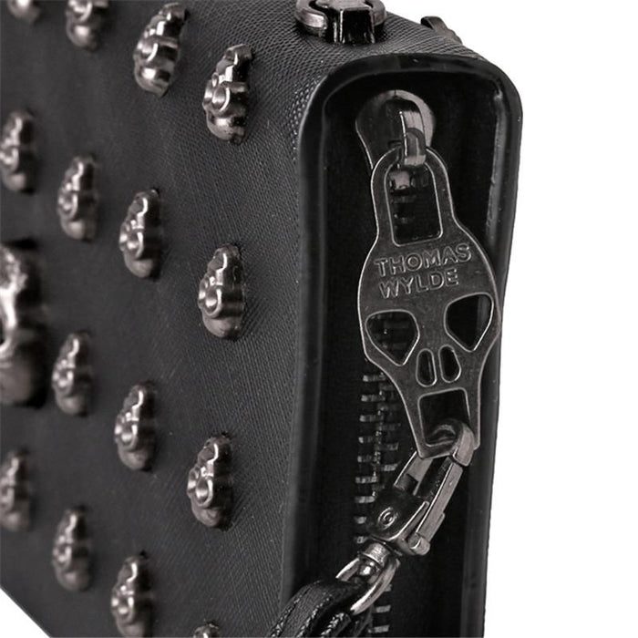Leather Wristlet Handbag with Metal Skull Design