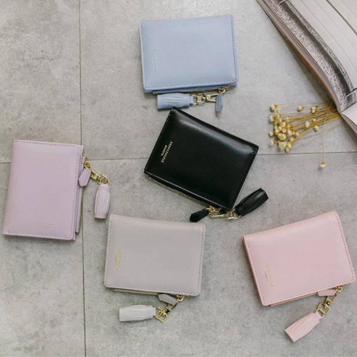 Brief Design Bifold Tassel Women Wallet Pu Leather Short Credit Card Holder Purse Blue