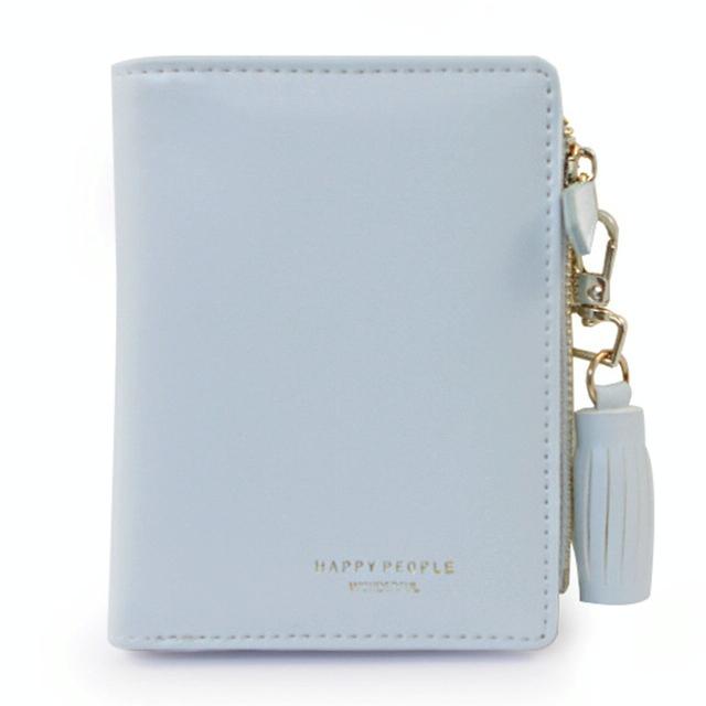 Brief Design Bifold Tassel Women Wallet Pu Leather Short Credit Card Holder Purse Blue