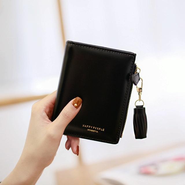 Brief Design Bifold Tassel Women Wallet Pu Leather Short Credit Card Holder Purse Blue