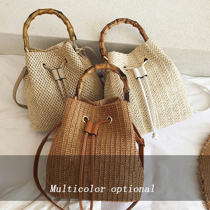 Straw Handbag Shoulder Messenger Bamboo Bucket Bag