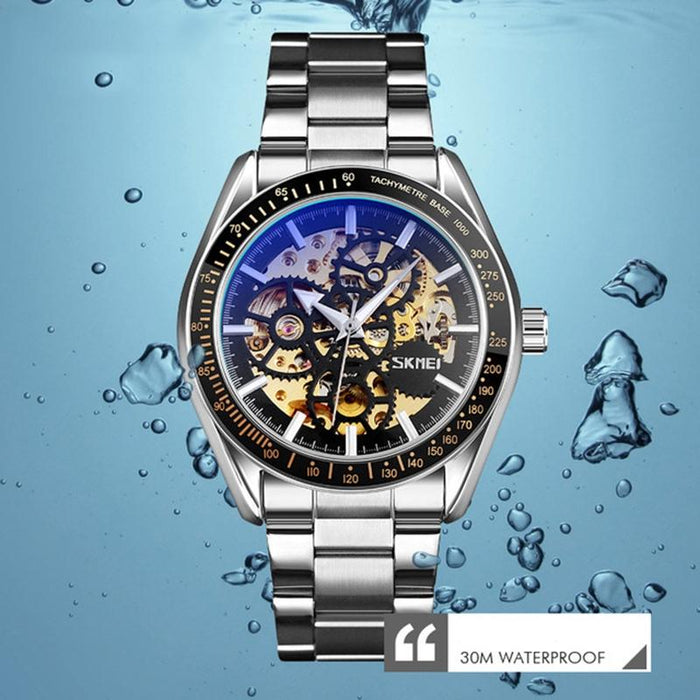Silver Steel Band Automatic Skeleton Watch for Men