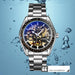 Silver Steel Band Automatic Skeleton Watch for Men