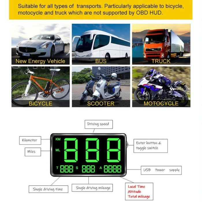 4.5 Inch Hud Car Gps Speed Meter With Overspeed Alarm Mileage Altitude Clock Black