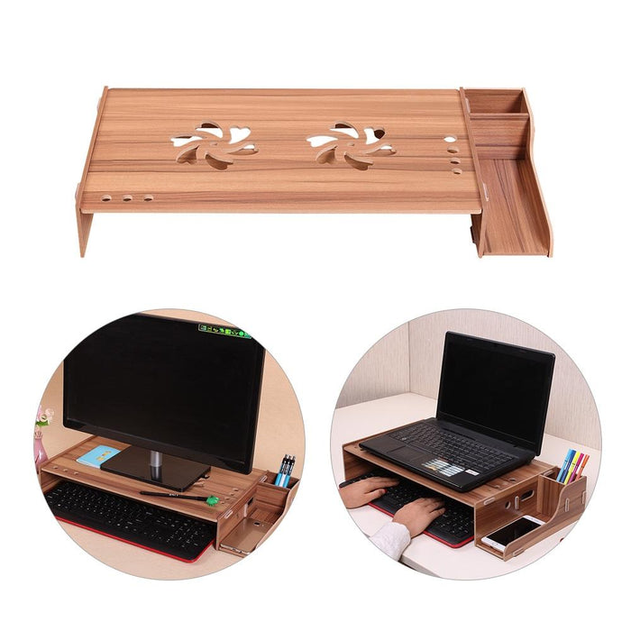 Elevated Wood Computer Monitor Stand Riser Laptop Shelf