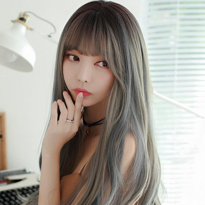 Long Curly High Temp Silk Wig For Girls Mist Blue