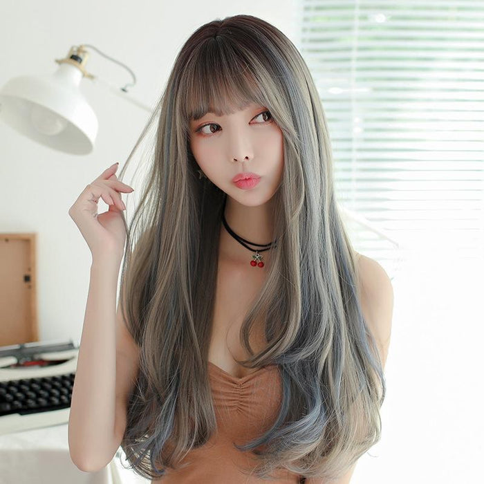 Long Curly High Temp Silk Wig For Girls Mist Blue