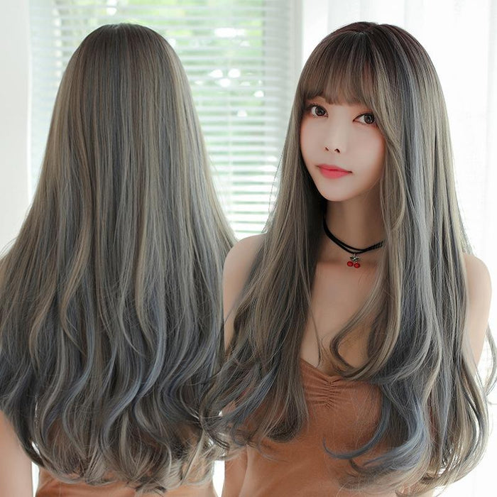 Long Curly High Temp Silk Wig For Girls Mist Blue