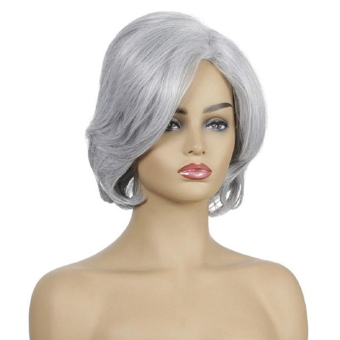 Silver Gray Short Curly Wig Inner Button