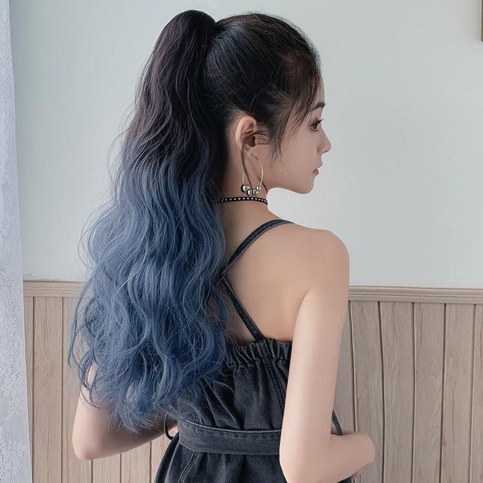 Realistic Curly Gradient Ponytail Wig Blue