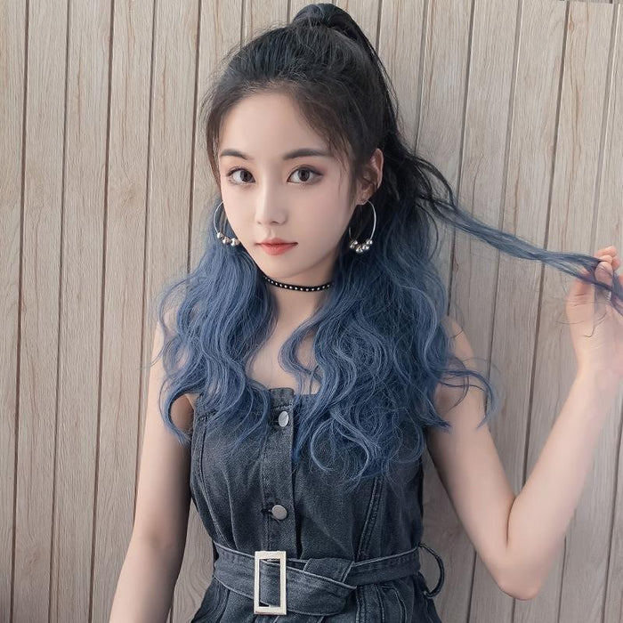 Realistic Curly Gradient Ponytail Wig Blue