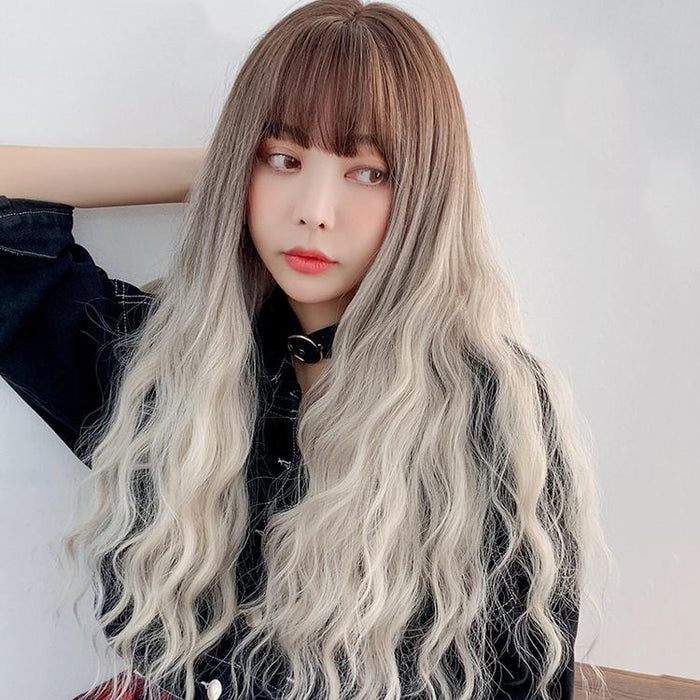 Long Curly Hair Cover Big Wave Bangs