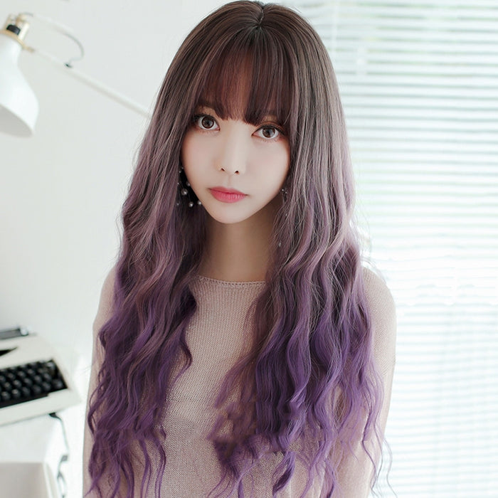 Long Curly Hair Cover Big Wave Bangs