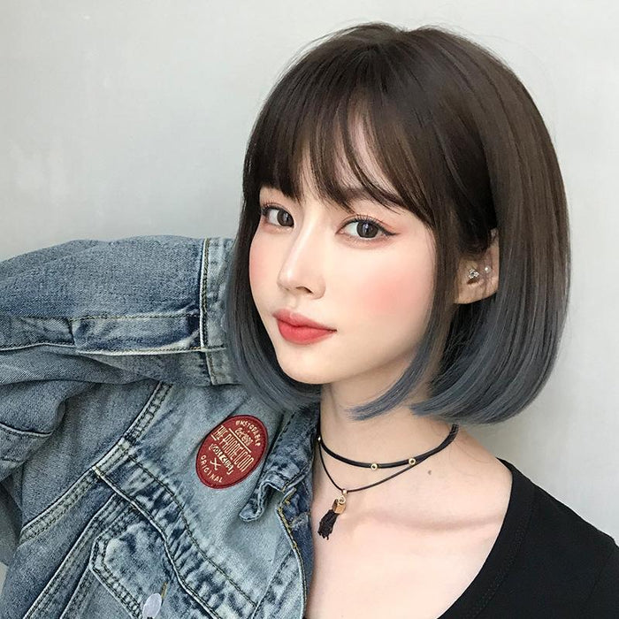 Short Bobo Student Wig Natural Gradient Blue