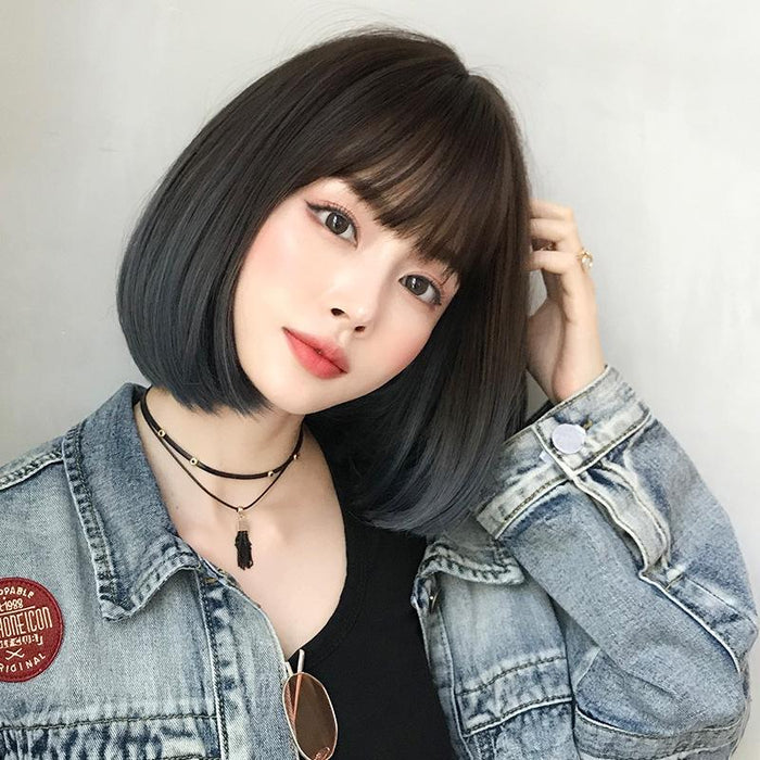 Short Bobo Student Wig Natural Gradient Blue