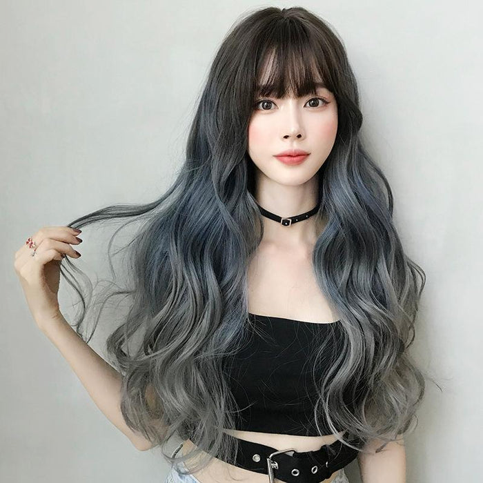 68Cm Gradient Fog Blue Gray Long Hair Wig