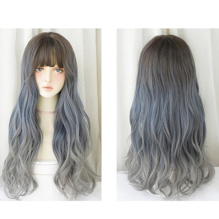 68Cm Gradient Fog Blue Gray Long Hair Wig