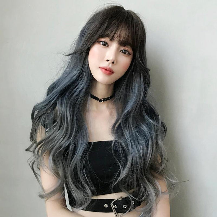 68Cm Gradient Fog Blue Gray Long Hair Wig