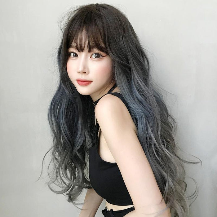 68Cm Gradient Fog Blue Gray Long Hair Wig