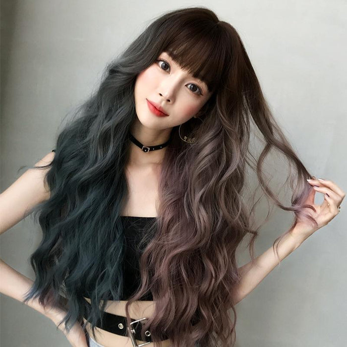 76Cm Gradient Mint Cherry Long Hair Wig Full Bangs