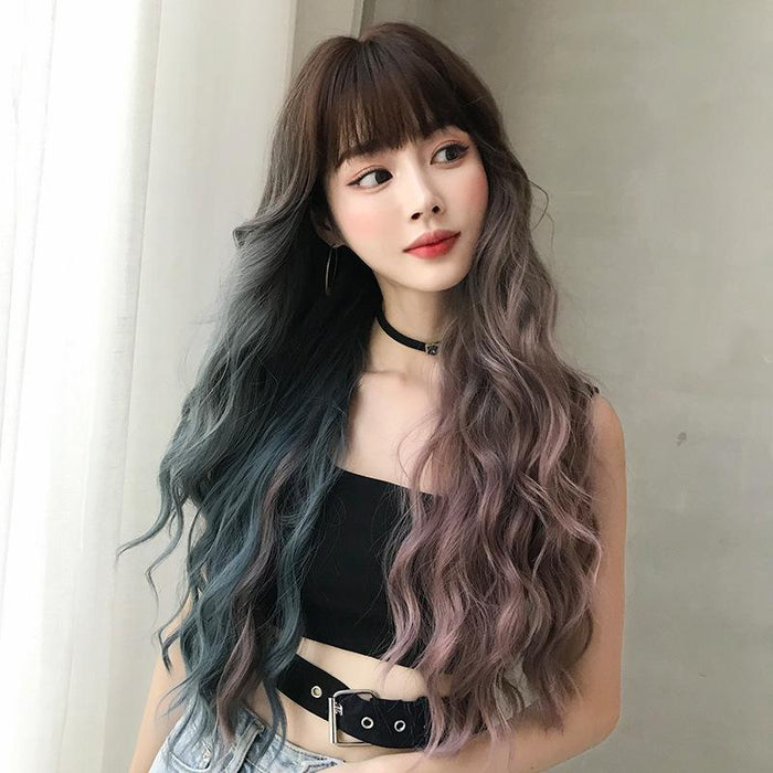 76Cm Gradient Mint Cherry Long Hair Wig Full Bangs