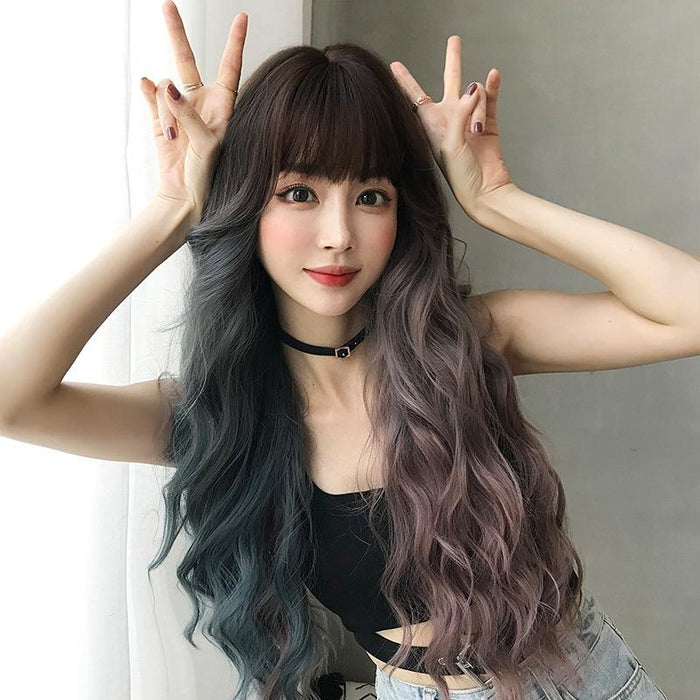 76Cm Gradient Mint Cherry Long Hair Wig Full Bangs