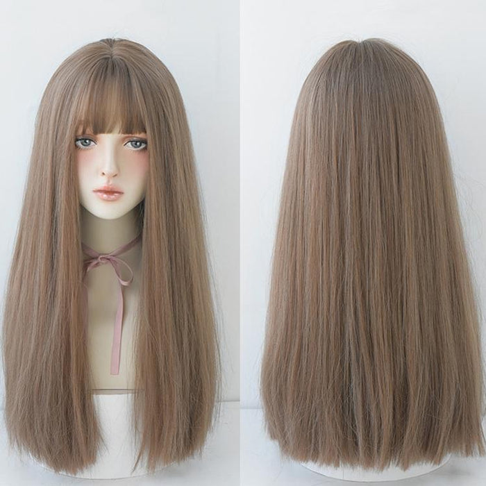 Long Straight Hair Wig Air Bangs Tea 58Cm