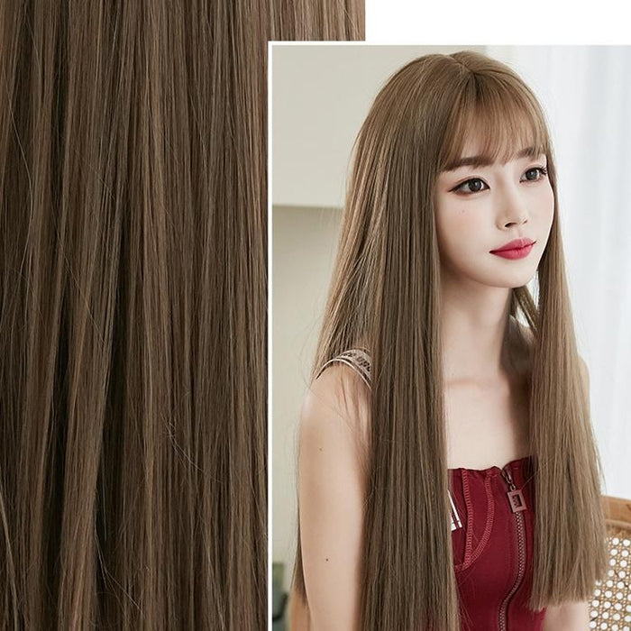 Long Straight Hair Wig Air Bangs Tea 58Cm