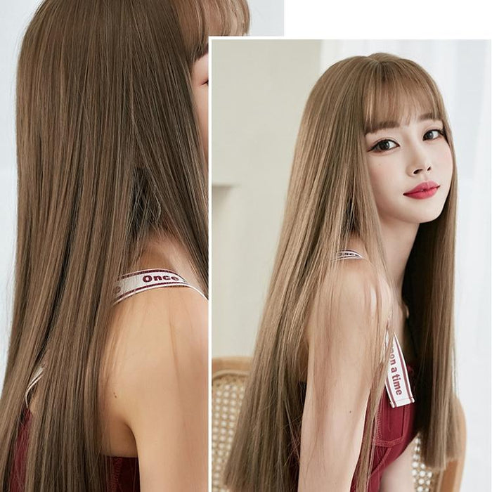 Long Straight Hair Wig Air Bangs Tea 58Cm