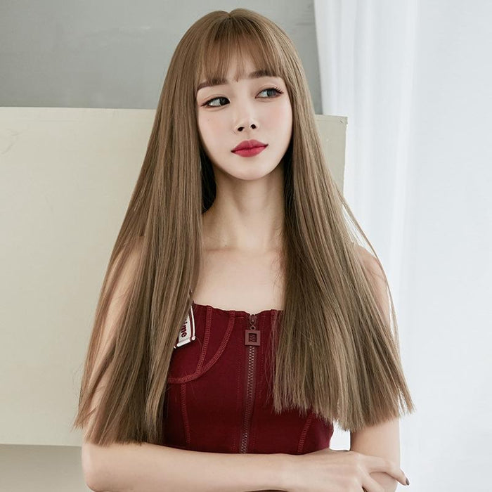 Long Straight Hair Wig Air Bangs Tea 58Cm