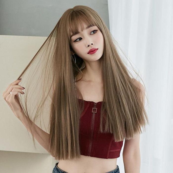 Long Straight Hair Wig Air Bangs Tea 58Cm