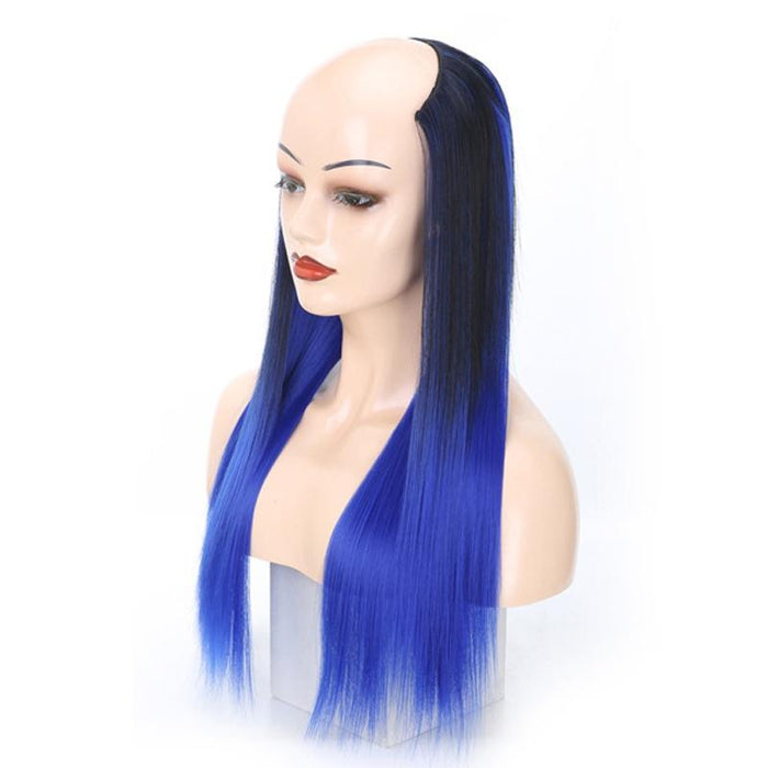 Long Straight U Shaped Wig Headgear Gradient Sapphire Blue