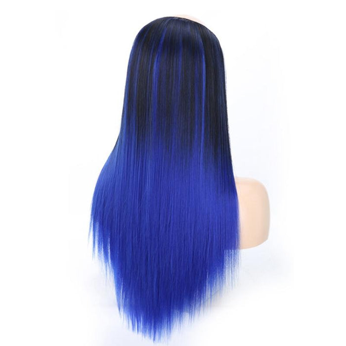 Long Straight U Shaped Wig Headgear Gradient Sapphire Blue