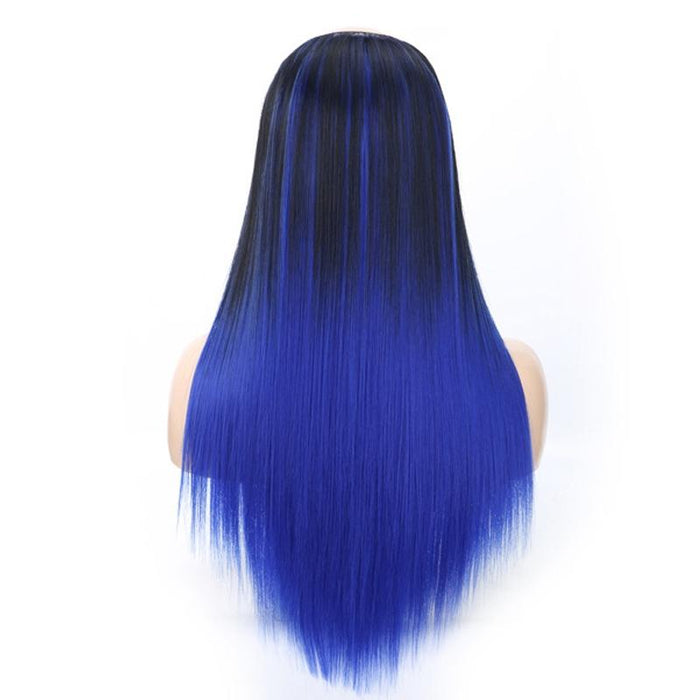 Long Straight U Shaped Wig Headgear Gradient Sapphire Blue