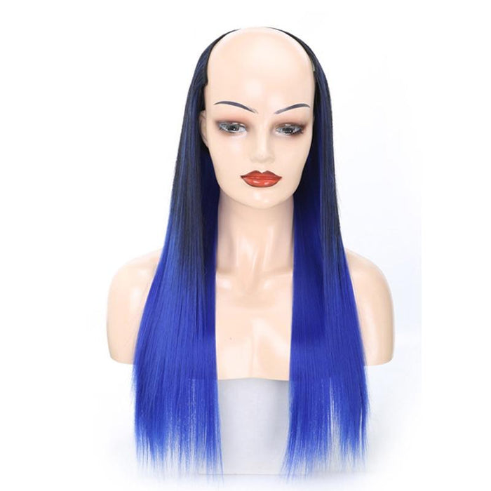 Long Straight U Shaped Wig Headgear Gradient Sapphire Blue