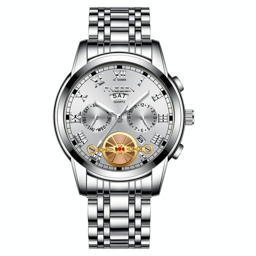 Men Multi-function Quartz Watch - White Steel with Surface