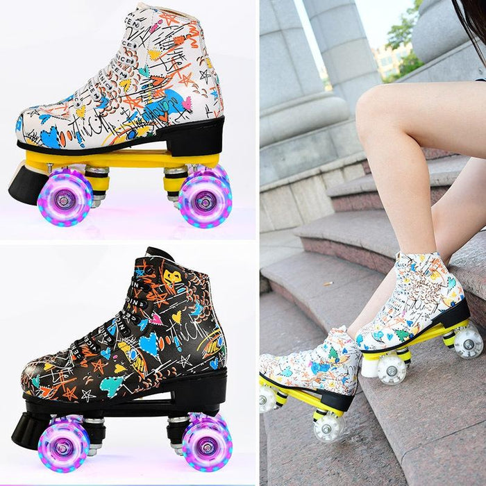 Adult Children Graffiti Double Row Four-Wheel Roller Skating Shoes - Size 34