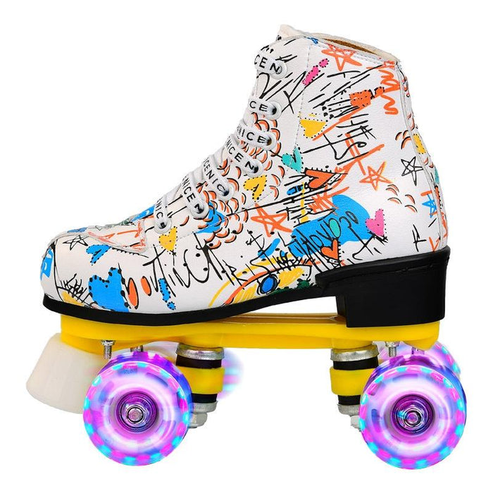 Adult Children Graffiti Double Row Four-Wheel Roller Skating Shoes - Size 34