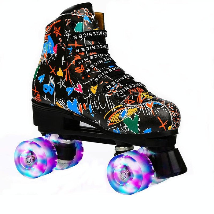 Adult Children Graffiti Double Row Four-Wheel Roller Skating Shoes - Size 34